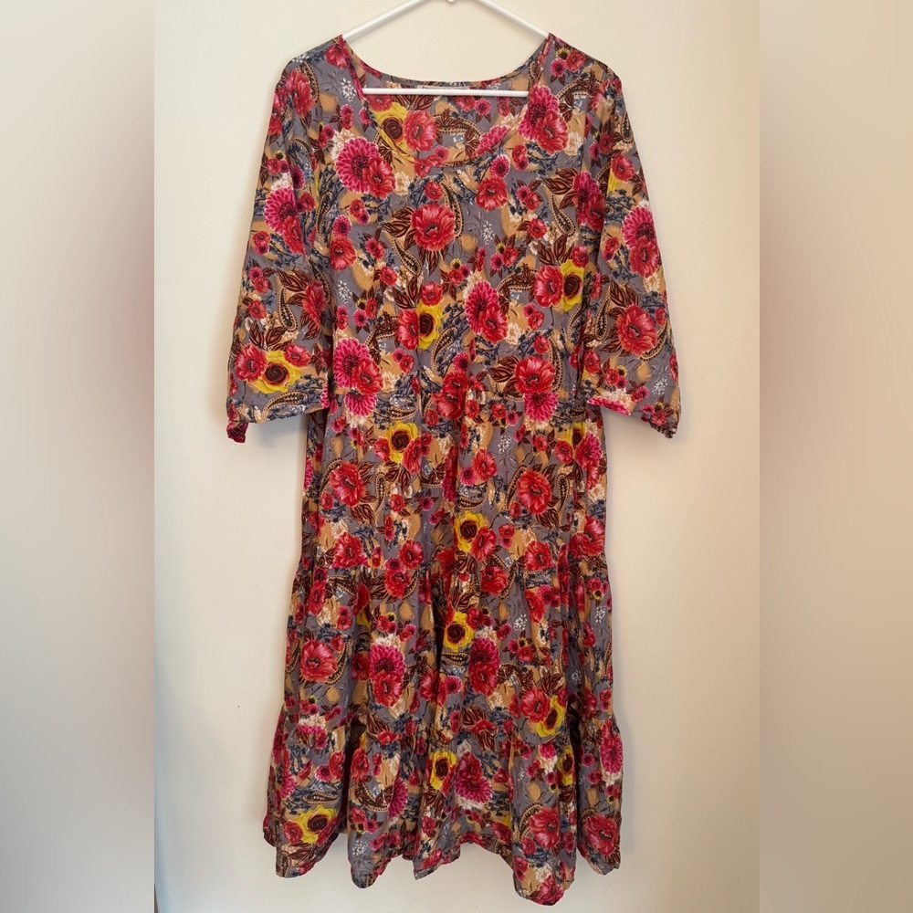 Dress Addict Floral Tiered Midi Dress Women’s Size XL 3/4 Sleeve Boho Cotton